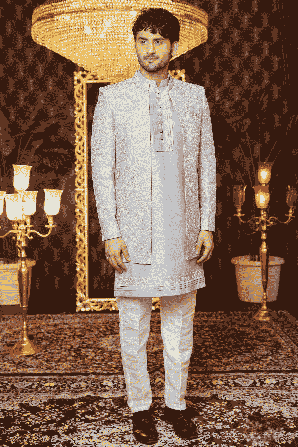 Grey Blue Colour Art Silk Thread Work Embroidery 3 Pcs Kurta Jacket