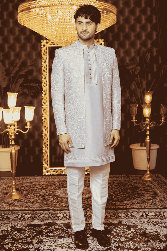 Grey Blue Colour Art Silk Thread Work Embroidery 3 Pcs Kurta Jacket