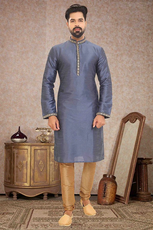 Grey Blue Colour Kurta Pajama In Dupion Silk KP1210135