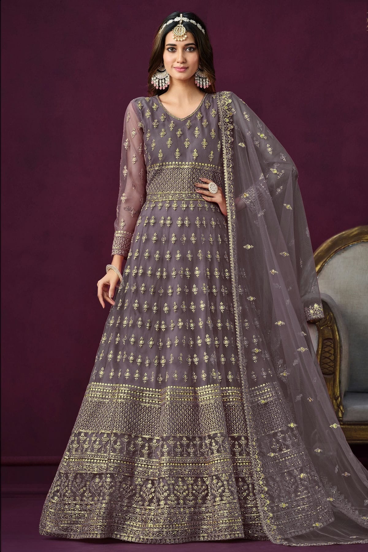 Grey Blue Colour Semi Stitched Net Anarkali Suit SM1050438