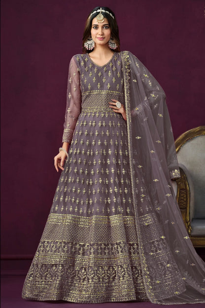 Grey Blue Colour Semi Stitched Net Anarkali Suit SM1050438