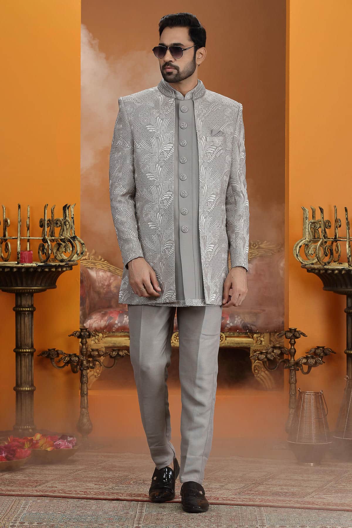 Grey Colour Art Silk Embroidery 3 Pcs Jacket Set