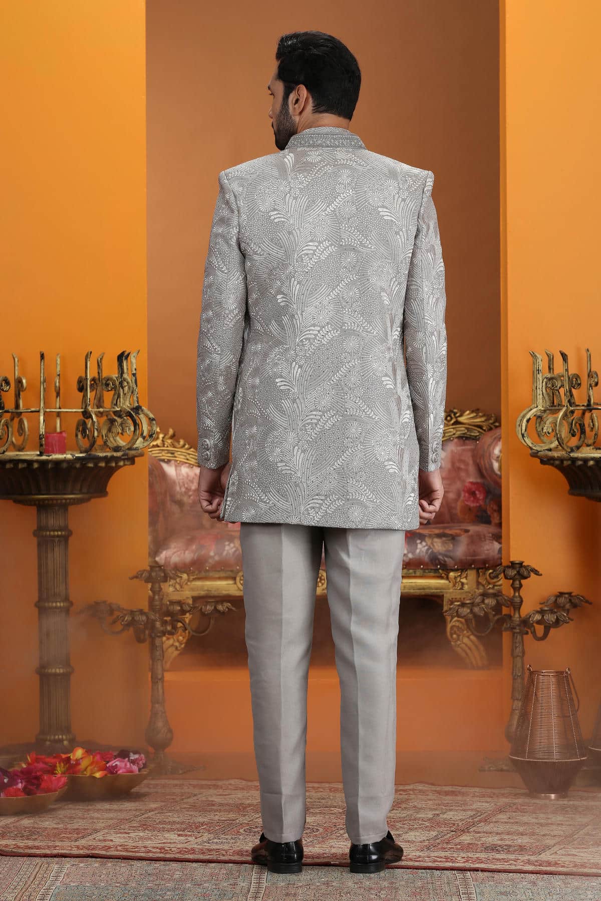 Grey Colour Art Silk Embroidery 3 Pcs Jacket Set