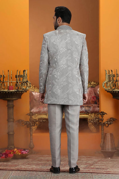 Grey Colour Art Silk Embroidery 3 Pcs Jacket Set