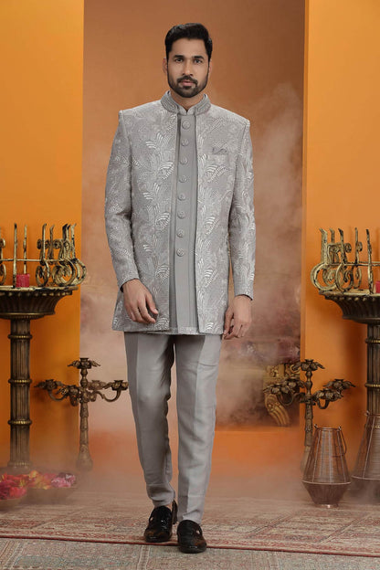 Grey Colour Art Silk Embroidery 3 Pcs Jacket Set