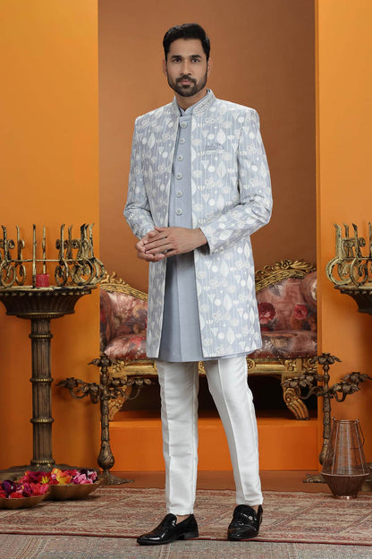 Grey Colour Art Silk Embroidery 3 Pcs Jacket Set