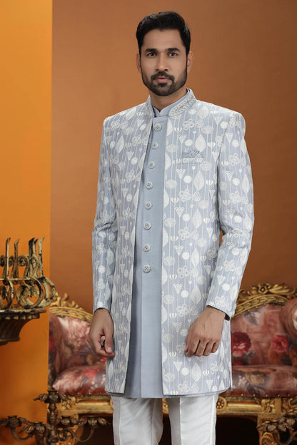 Grey Colour Art Silk Embroidery 3 Pcs Jacket Set