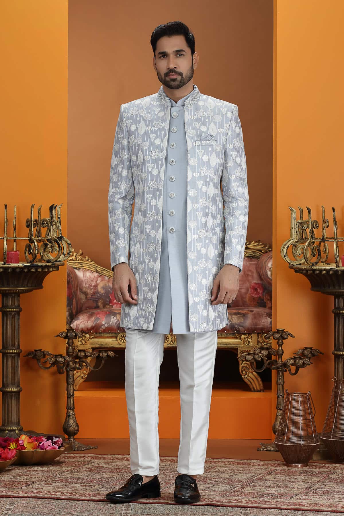 Grey Colour Art Silk Embroidery 3 Pcs Jacket Set