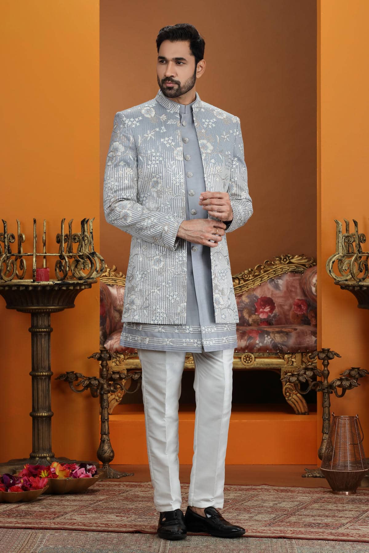 Grey Colour Art Silk Embroidery 3 Pcs Jacket Set