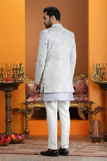 Grey Colour Art Silk Embroidery 3 Pcs Jacket Set