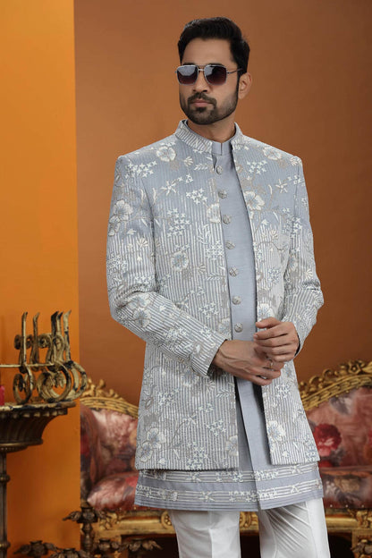 Grey Colour Art Silk Embroidery 3 Pcs Jacket Set