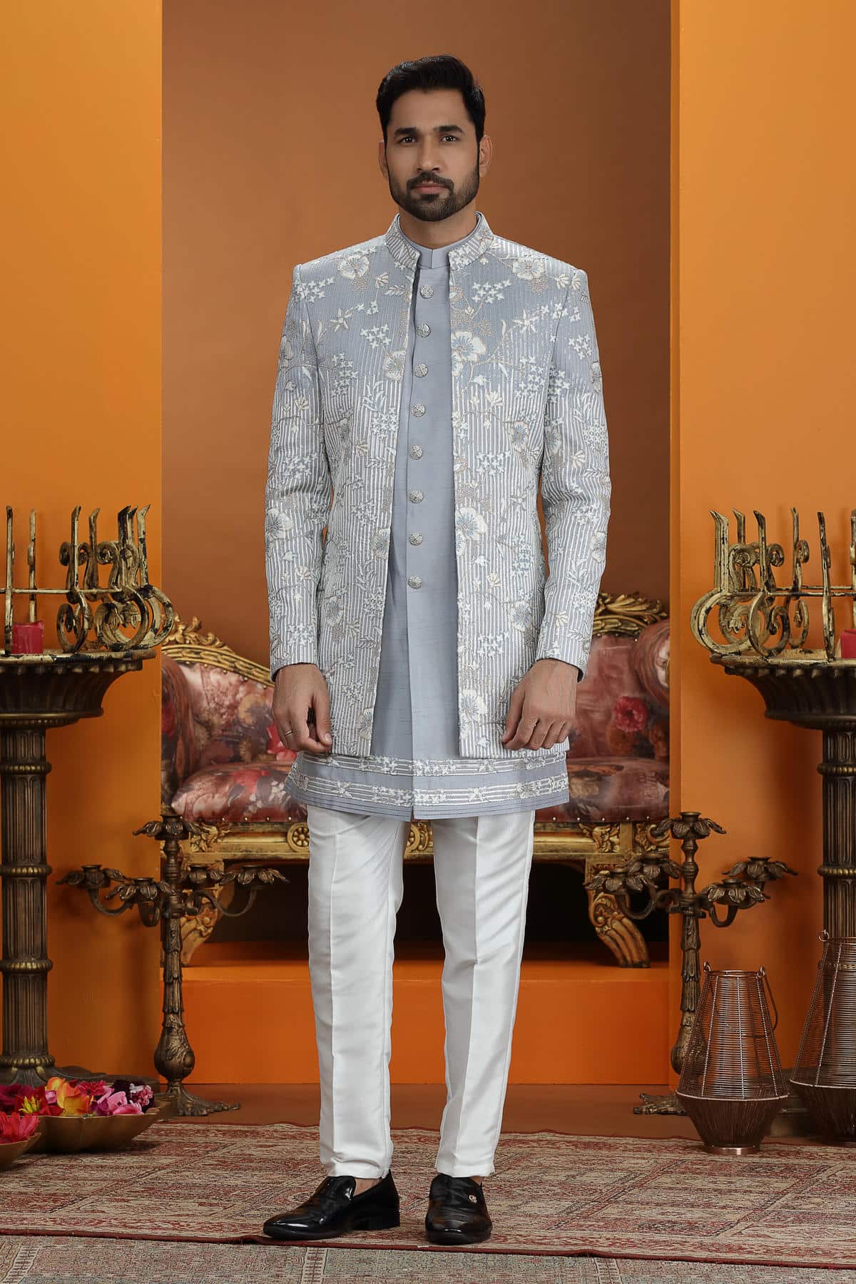 Grey Colour Art Silk Embroidery 3 Pcs Jacket Set