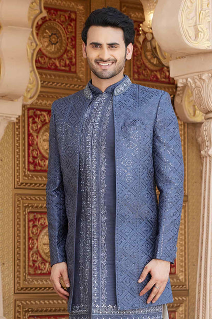 Grey Colour Art Silk Embroidery Work 3 Pcs Indo Western