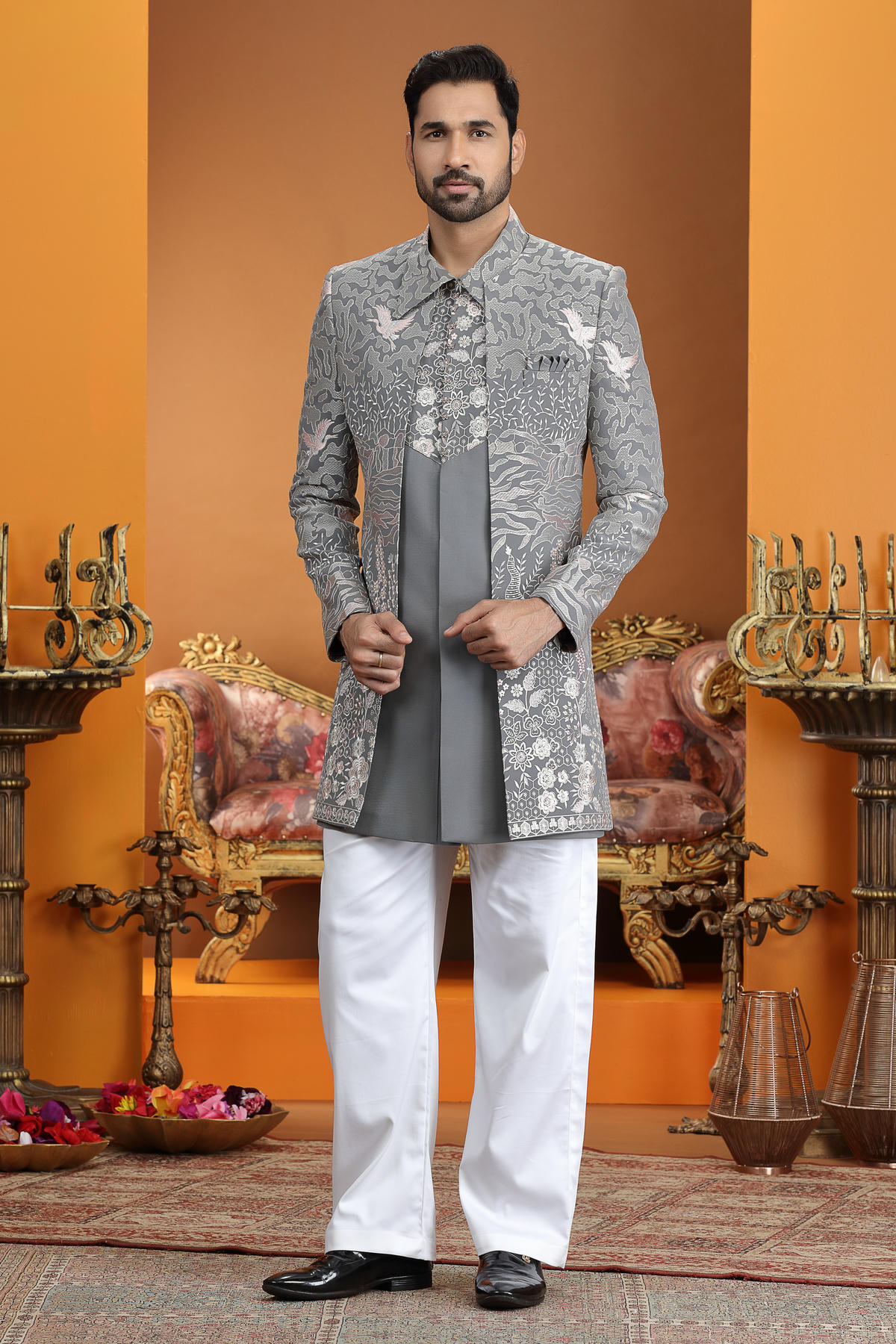Grey Colour Art Silk Embroidery Work 3 Pcs Jacket Set Sherwani