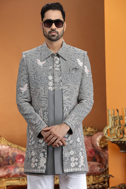 Grey Colour Art Silk Embroidery Work 3 Pcs Jacket Set Sherwani