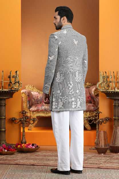 Grey Colour Art Silk Embroidery Work 3 Pcs Jacket Set Sherwani