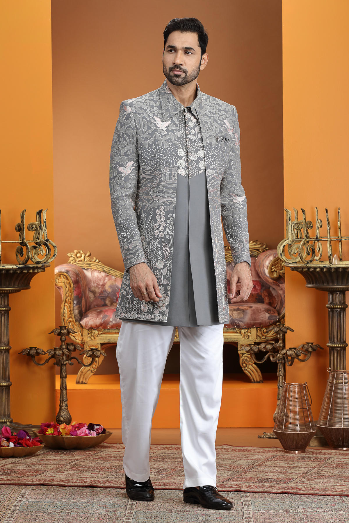 Grey Colour Art Silk Embroidery Work 3 Pcs Jacket Set Sherwani