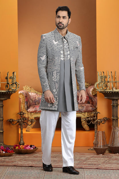 Grey Colour Art Silk Embroidery Work 3 Pcs Jacket Set Sherwani