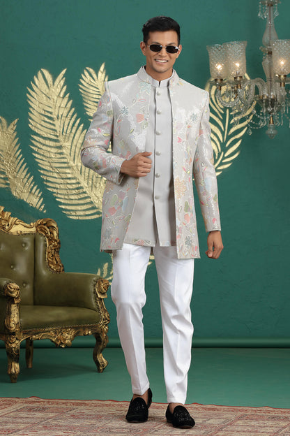 Grey Colour Art Silk Embroidery Work 3 Pcs Jacket Set Sherwani