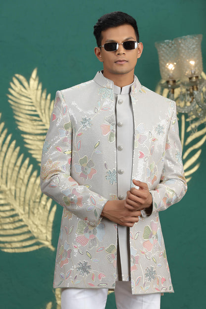Grey Colour Art Silk Embroidery Work 3 Pcs Jacket Set Sherwani