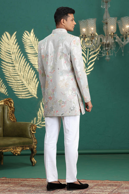 Grey Colour Art Silk Embroidery Work 3 Pcs Jacket Set Sherwani