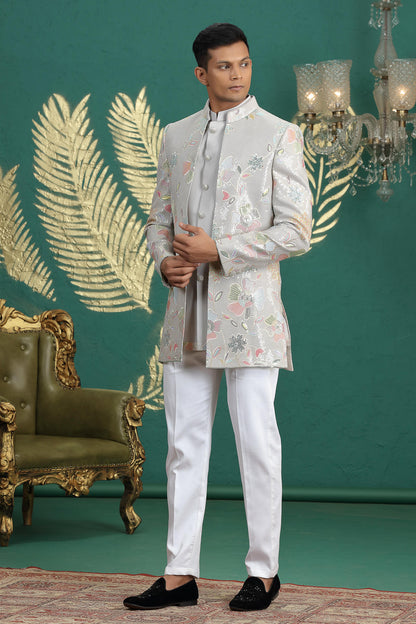 Grey Colour Art Silk Embroidery Work 3 Pcs Jacket Set Sherwani