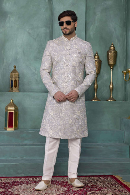 Grey Colour Art Silk Embroidery Work Sherwani