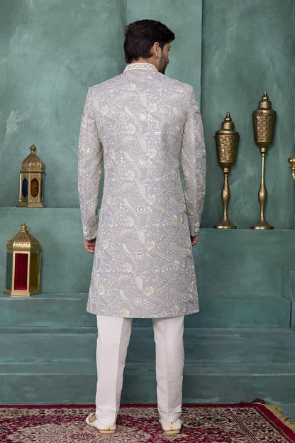 Grey Colour Art Silk Embroidery Work Sherwani
