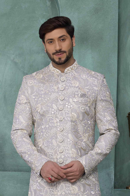 Grey Colour Art Silk Embroidery Work Sherwani