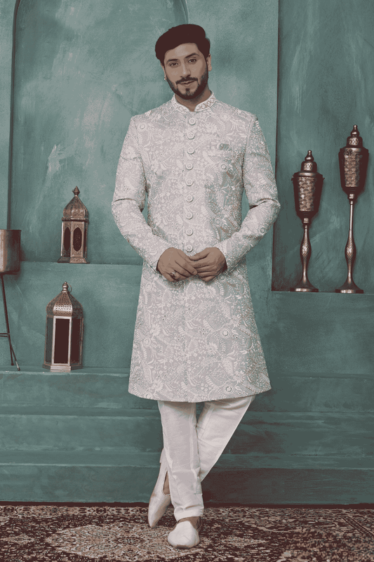Grey Colour Art Silk Embroidery Work Sherwani
