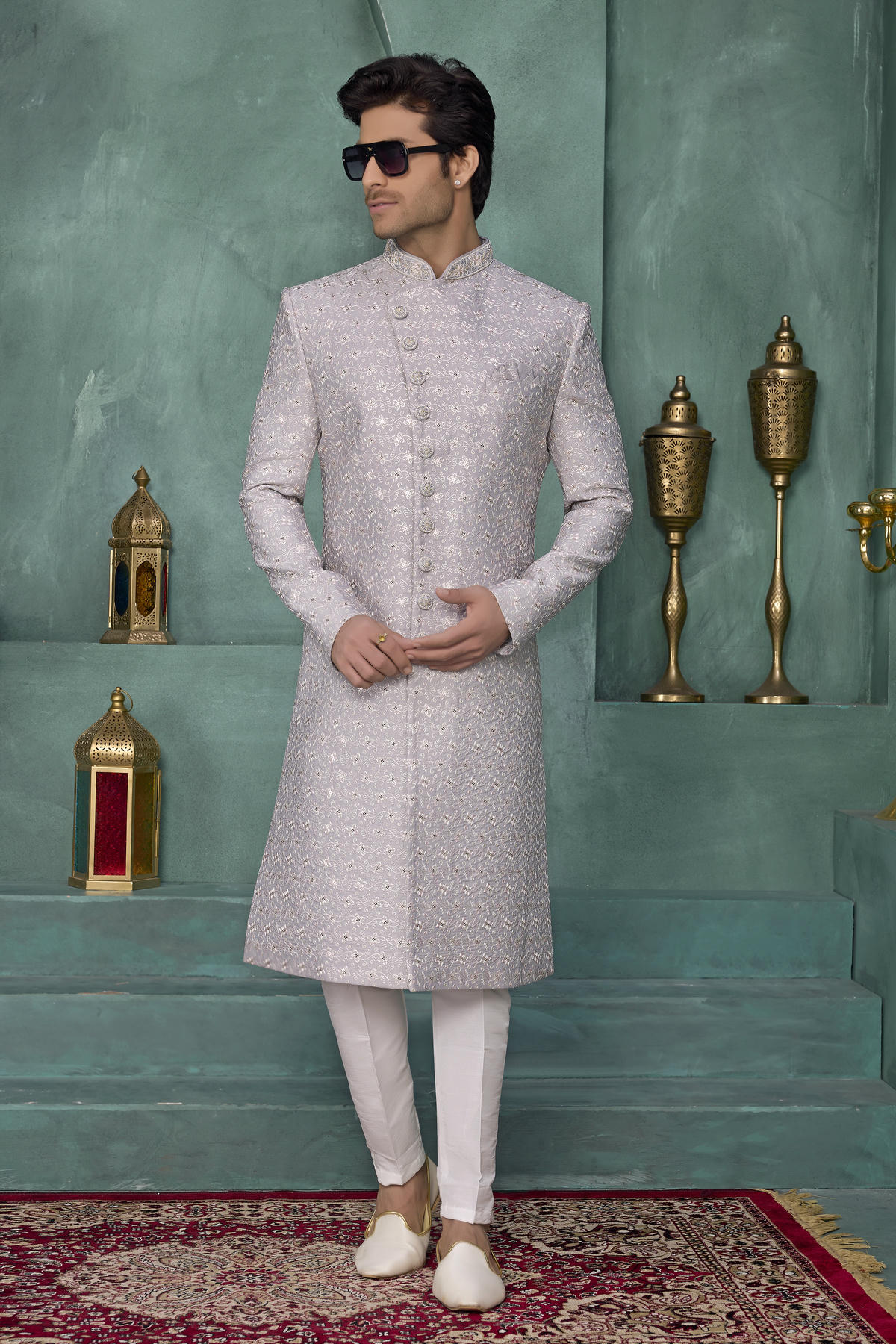 Grey Colour Art Silk Embroidery Work Sherwani