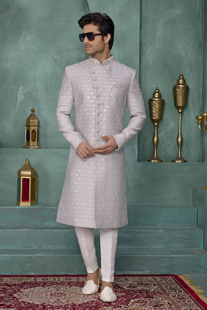 Grey Colour Art Silk Embroidery Work Sherwani