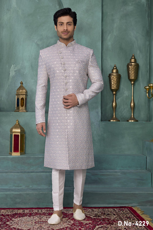 Grey Colour Art Silk Embroidery Work Sherwani