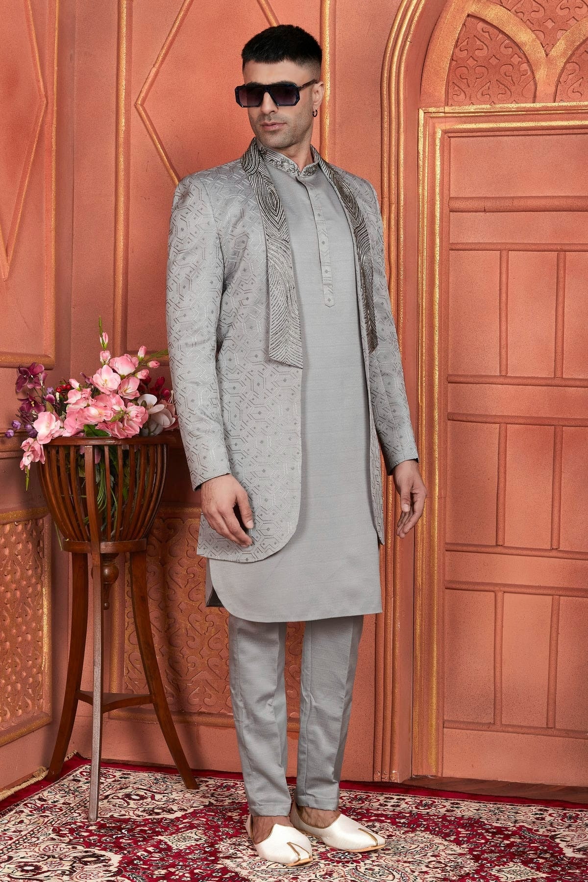 Grey Colour Art Silk Indowestern Sherwani With Aligadhi Pant SH1230002 A