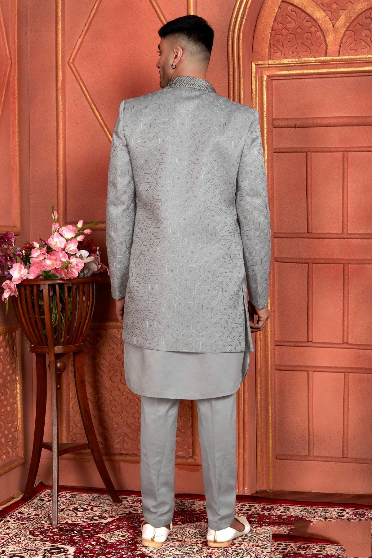 Grey Colour Art Silk Indowestern Sherwani With Aligadhi Pant SH1230002 B