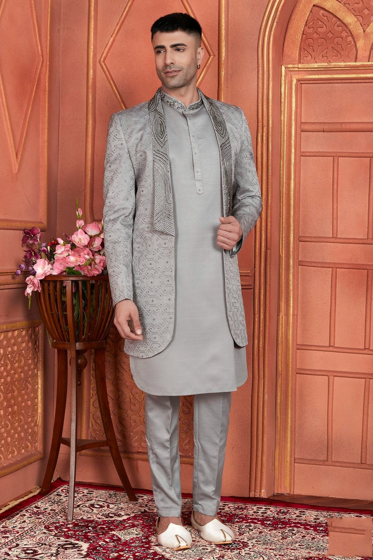 Grey Colour Art Silk Indowestern Sherwani With Aligadhi Pant SH1230002