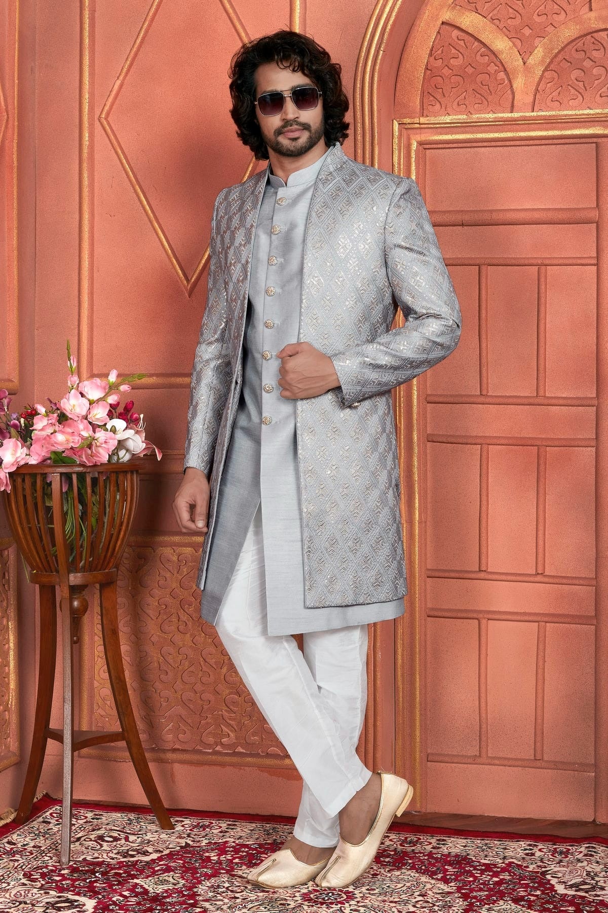 Grey Colour Art Silk Indowestern Sherwani With Aligadhi Pant SH1230007 A