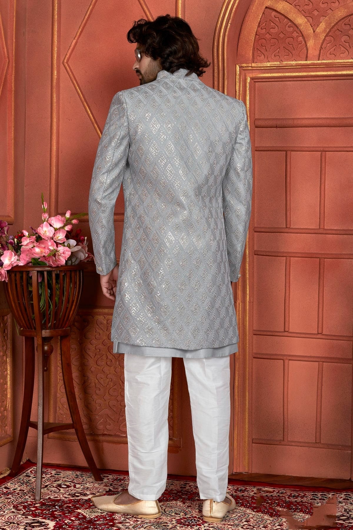 Grey Colour Art Silk Indowestern Sherwani With Aligadhi Pant SH1230007 B