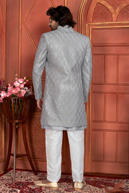 Grey Colour Art Silk Indowestern Sherwani With Aligadhi Pant SH1230007 B