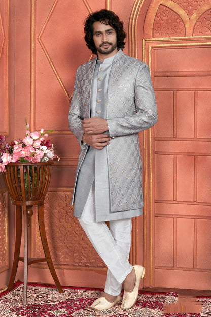 Grey Colour Art Silk Indowestern Sherwani With Aligadhi Pant SH1230007