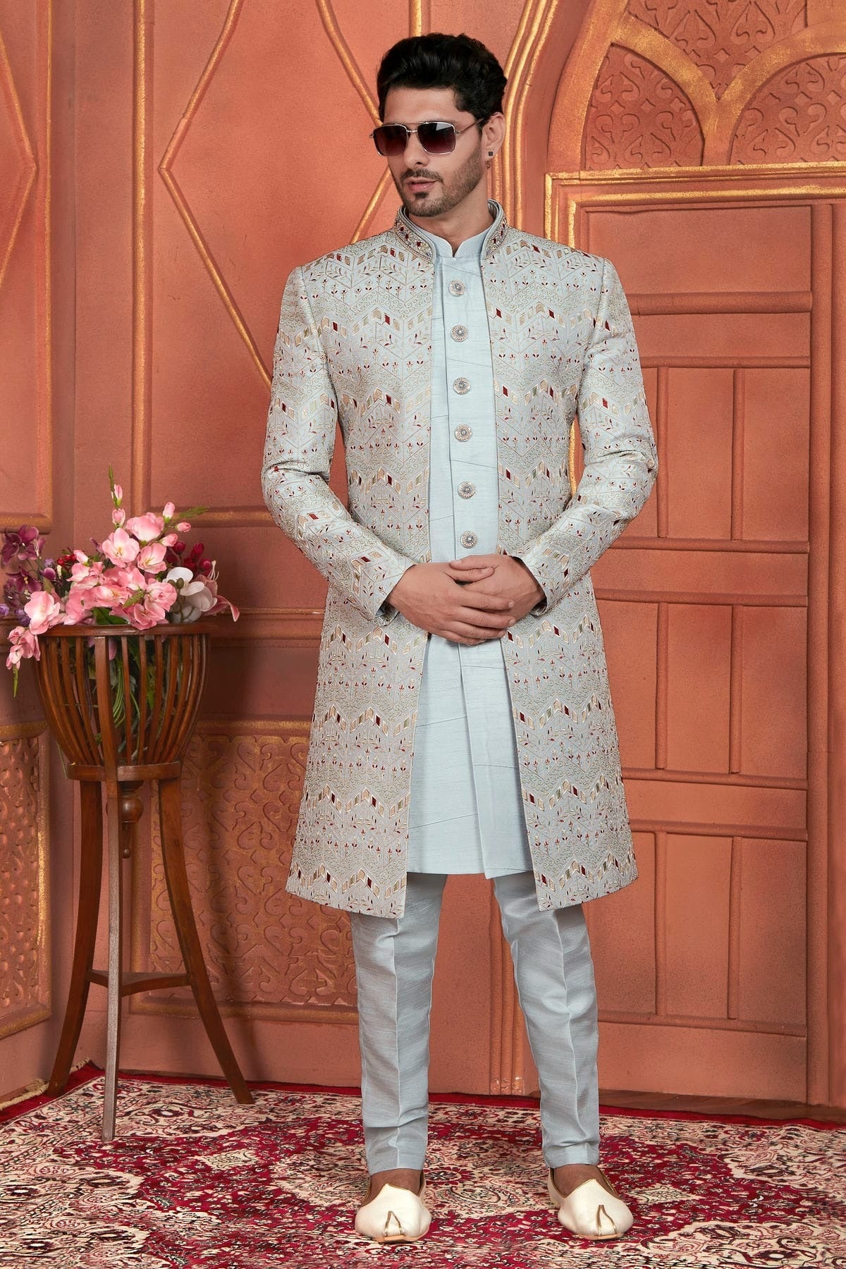 Grey Colour Art Silk Indowestern Sherwani With Aligadhi Pant SH1230011 A