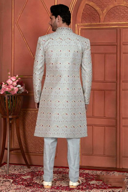 Grey Colour Art Silk Indowestern Sherwani With Aligadhi Pant SH1230011 B