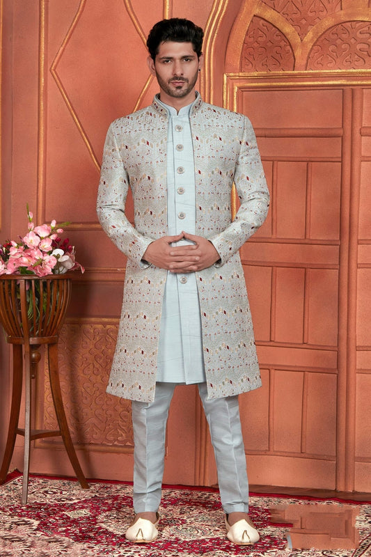 Grey Colour Art Silk Indowestern Sherwani With Aligadhi Pant SH1230011