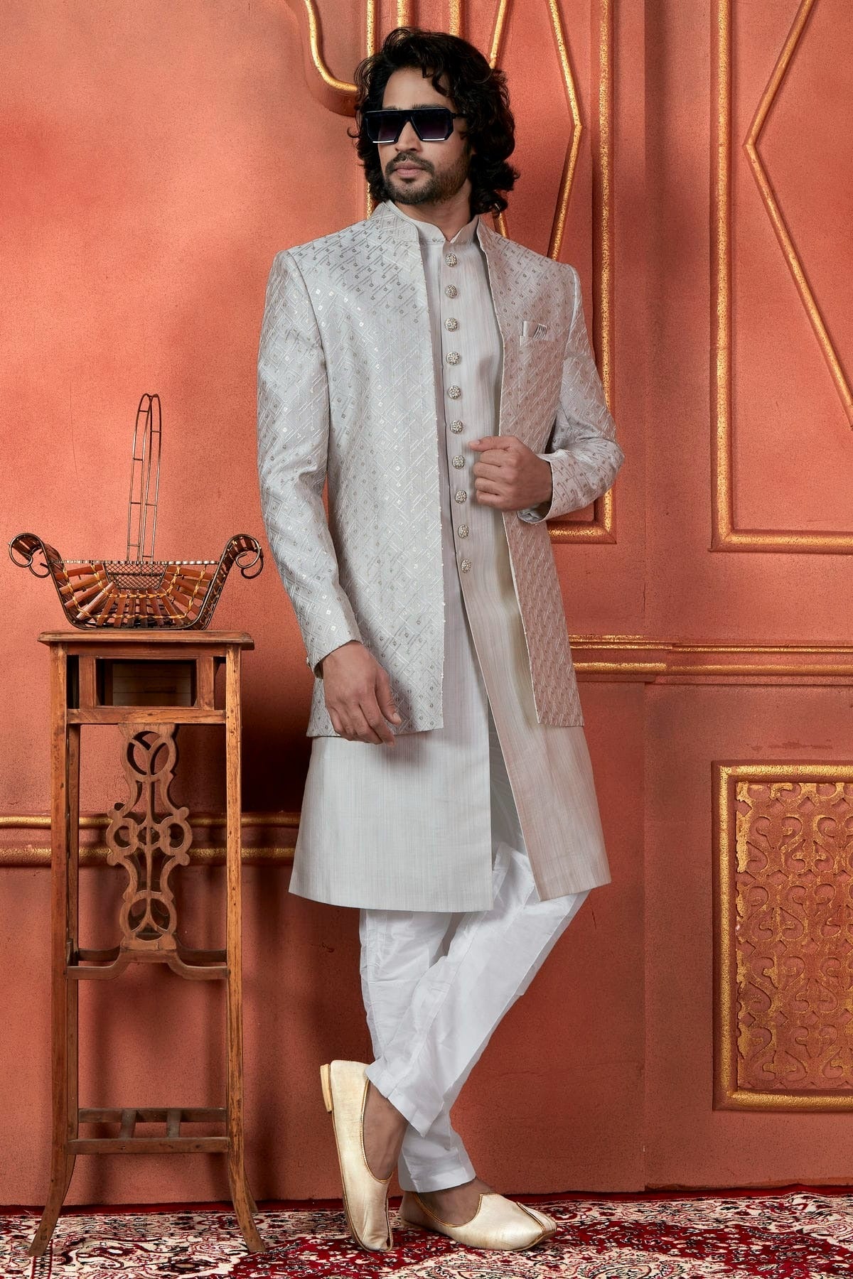 Grey Colour Art Silk Indowestern Sherwani With Aligadhi Pant SH1230090 A