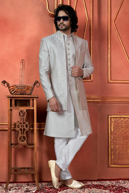 Grey Colour Art Silk Indowestern Sherwani With Aligadhi Pant SH1230090 A