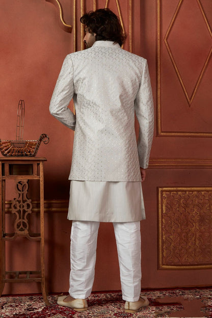 Grey Colour Art Silk Indowestern Sherwani With Aligadhi Pant SH1230090 B