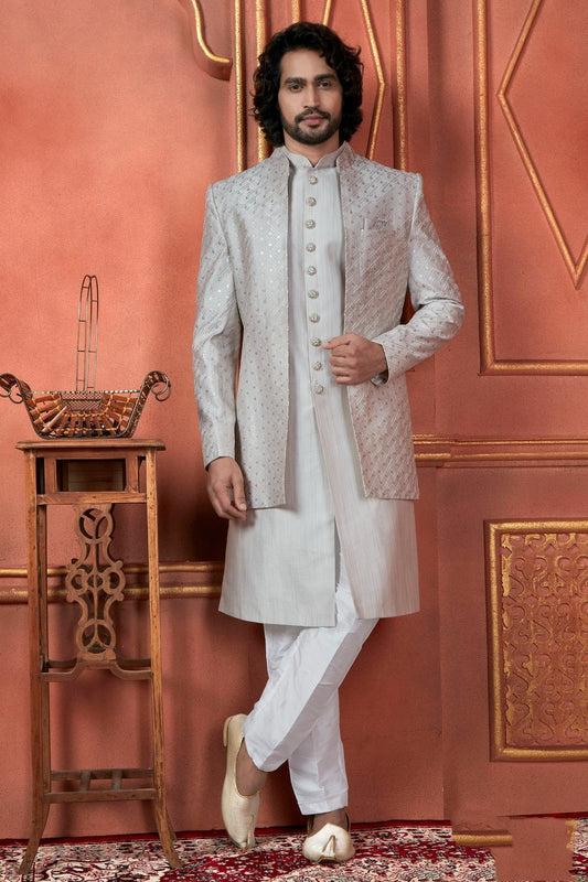 Grey Colour Art Silk Indowestern Sherwani With Aligadhi Pant SH1230090