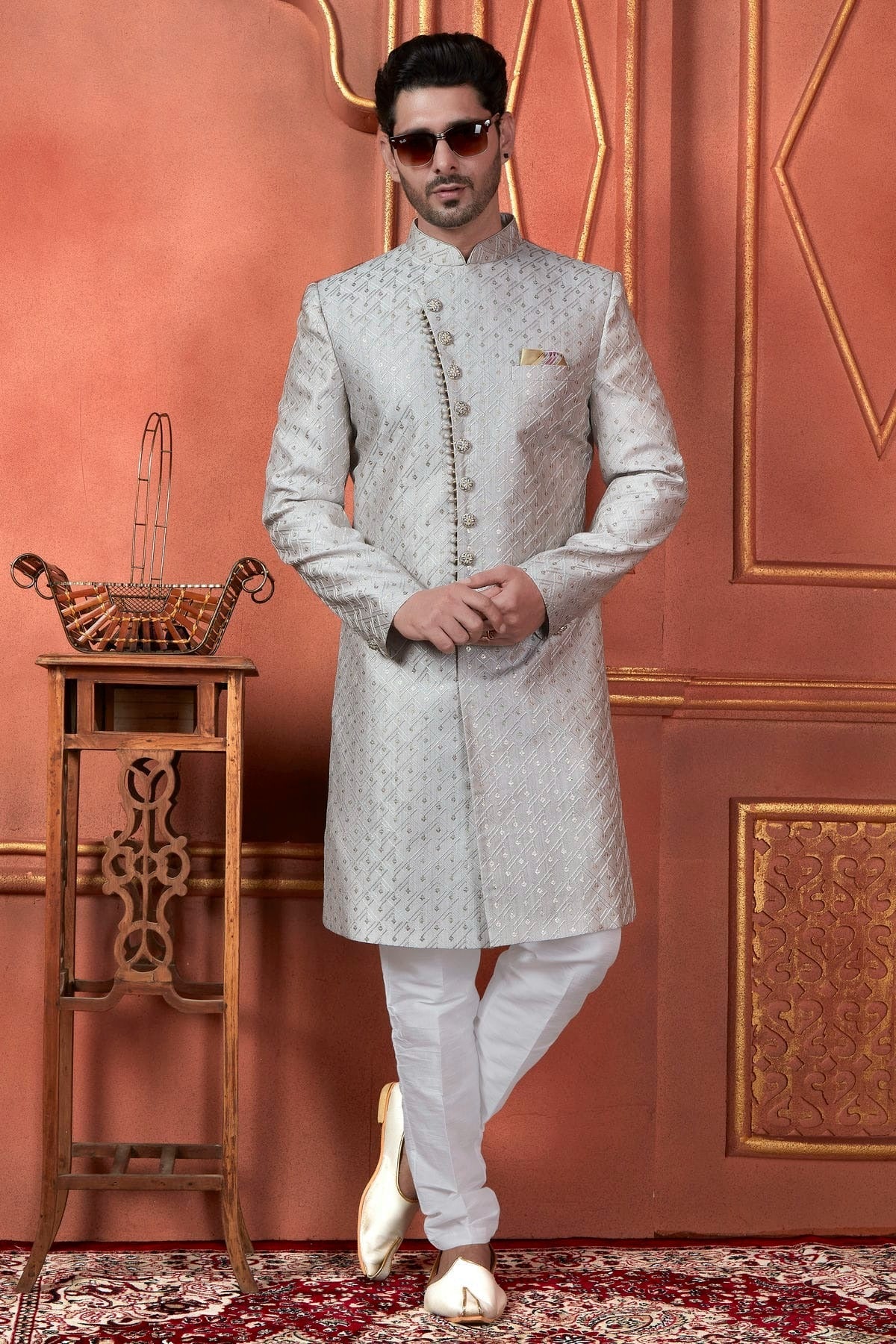 Grey Colour Art Silk Indowestern Sherwani With Aligadhi Pant SH1230100 A