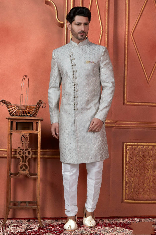 Grey Colour Art Silk Indowestern Sherwani With Aligadhi Pant SH1230100