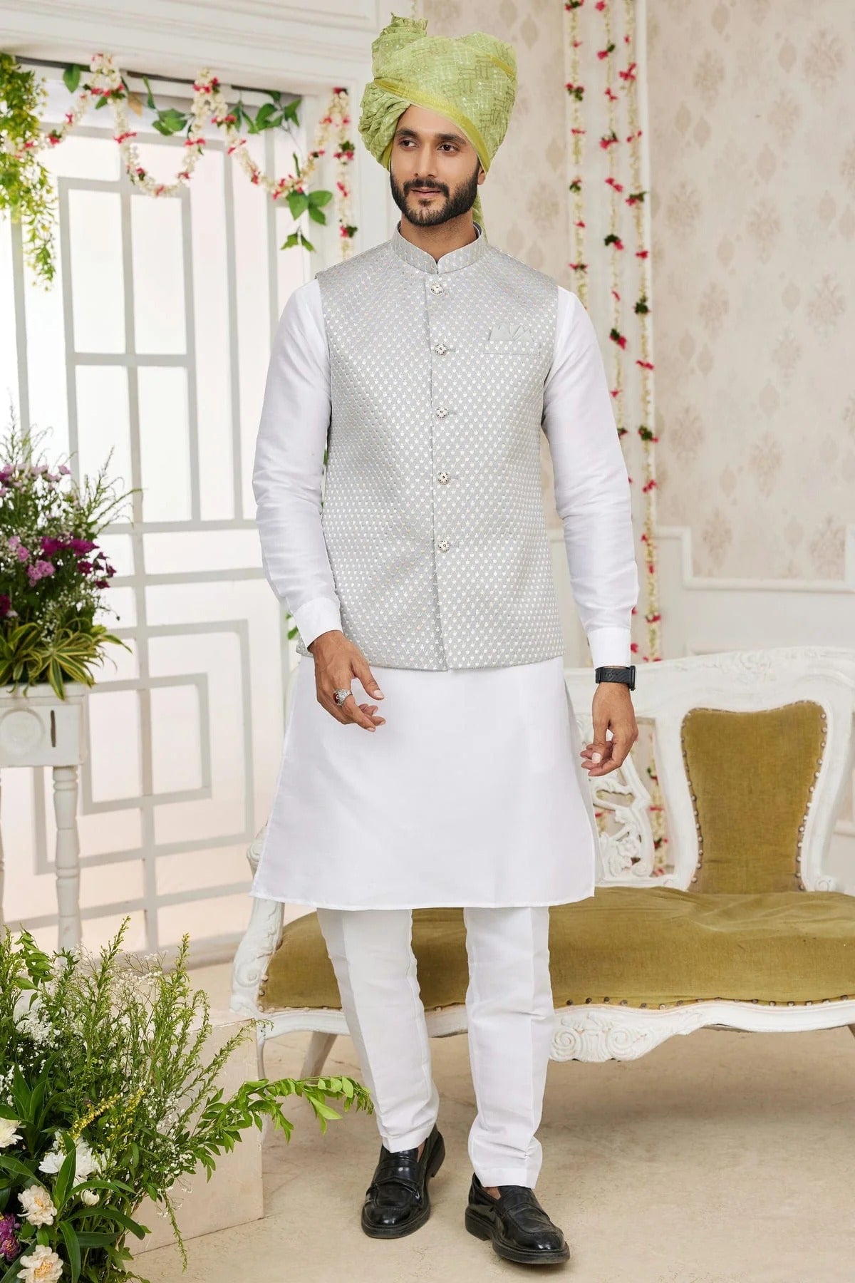 Grey Colour Art Silk Kurta Pajama With Jacket KP1230274